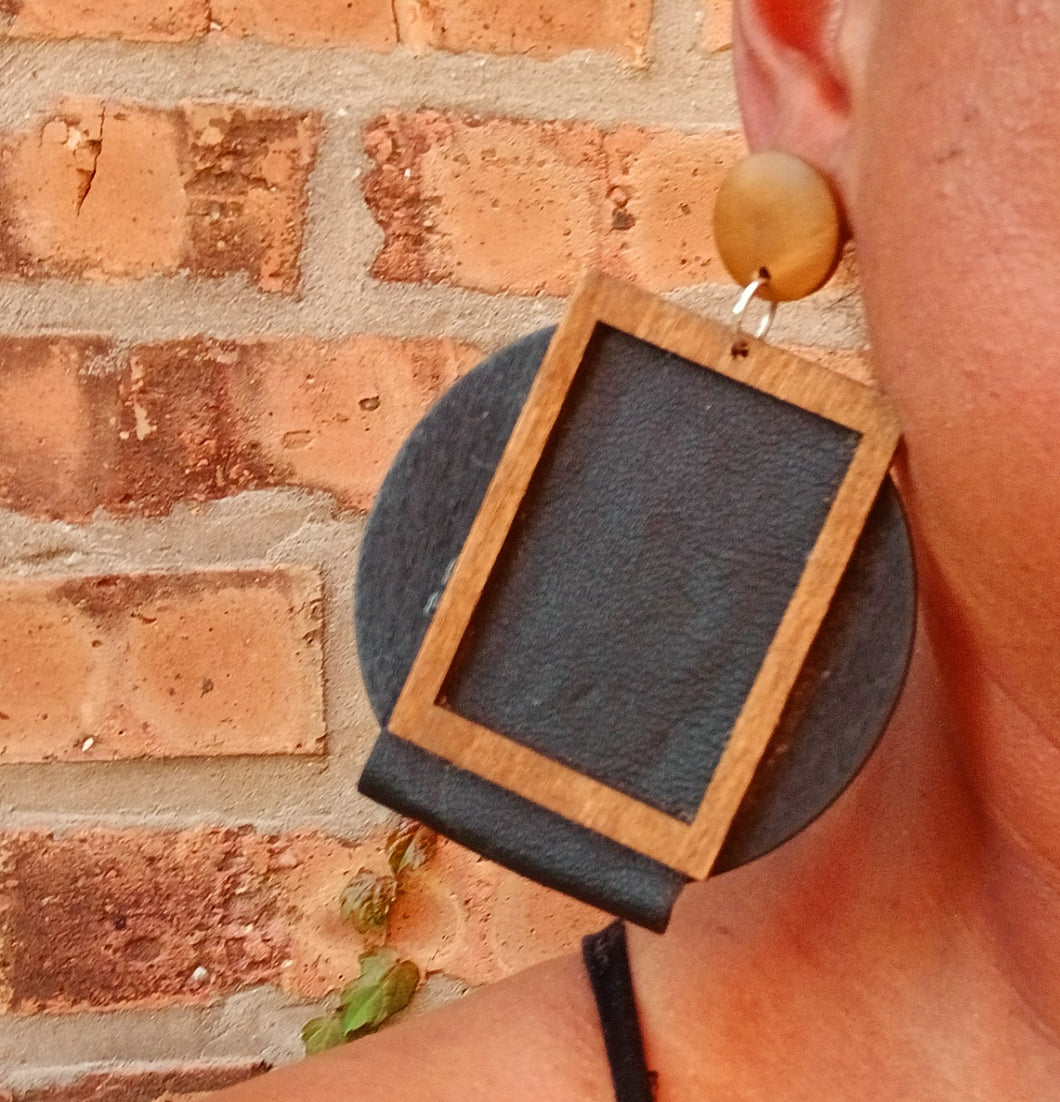 Handmade wood and leather Abstract Clip on Earrings