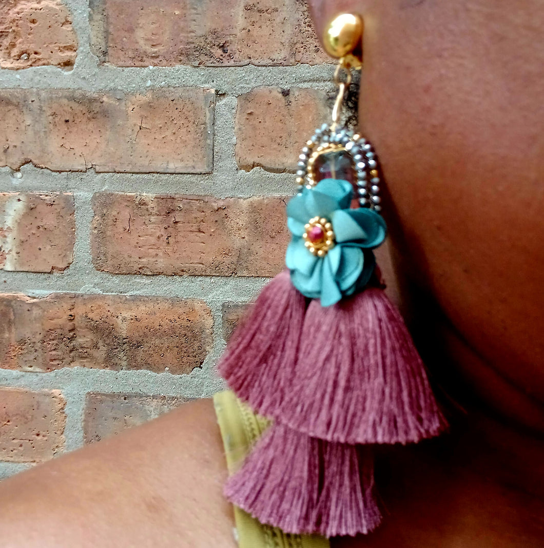 Handmade large glam boho clip on tassel earrings