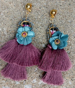 Handmade large glam boho clip on tassel earrings