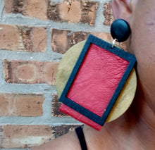 Load image into Gallery viewer, Handmade wood and leather Abstract Clip on Earrings
