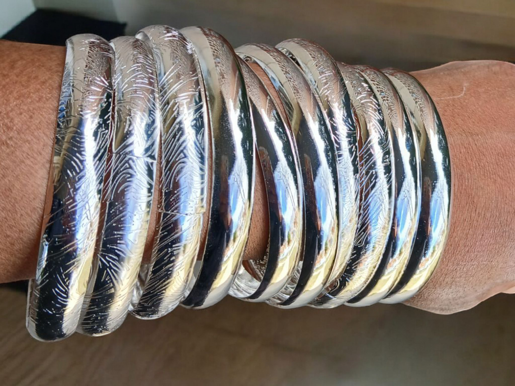 Set of 10 silver metal boho bangles