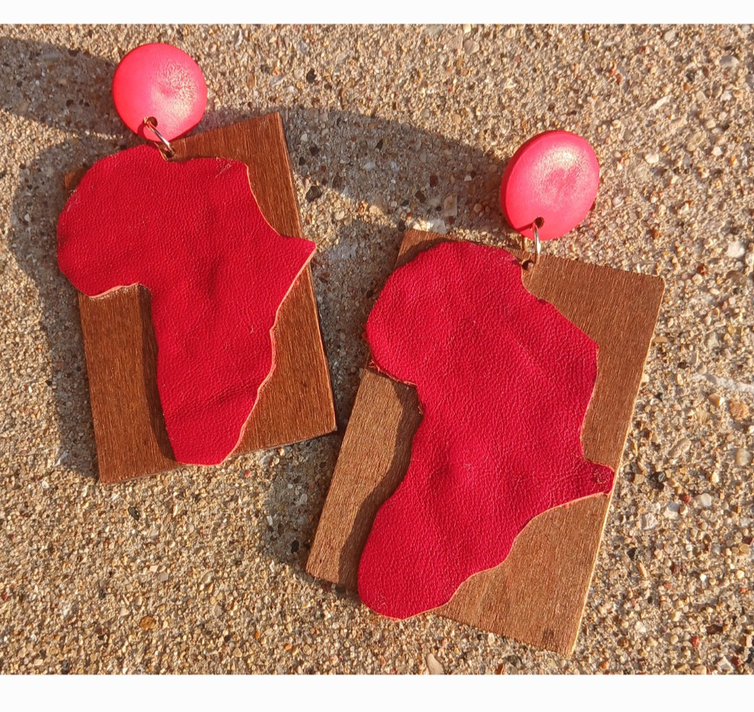Handmade wood and leather Africa Clip on Earrings